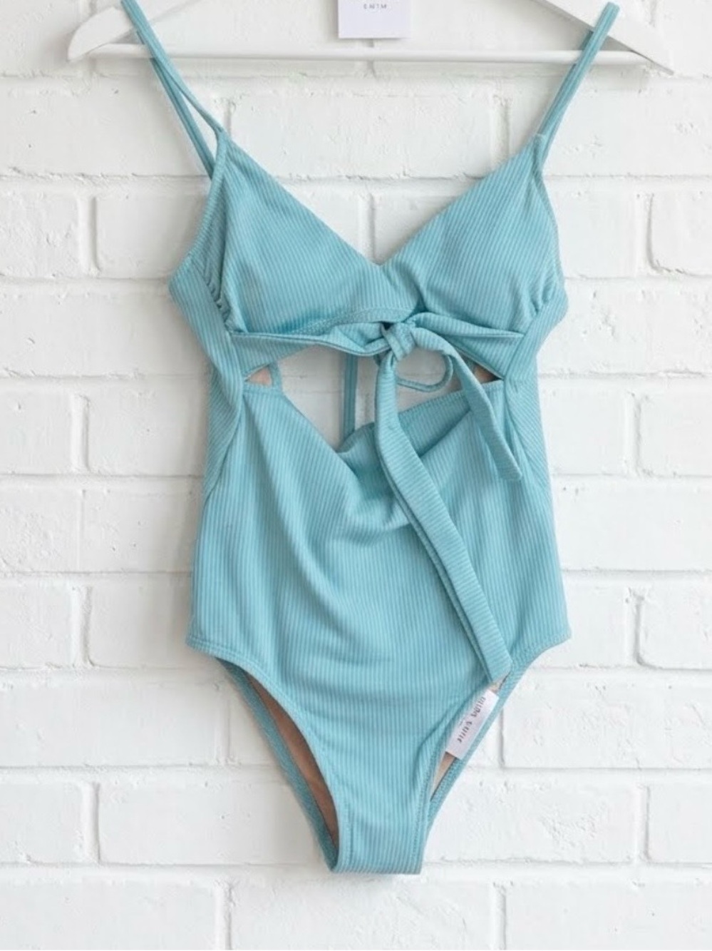 Shade & Shore Light Blue Ribbed cut out One-Piece Swimsuit with Tie Front XS $40